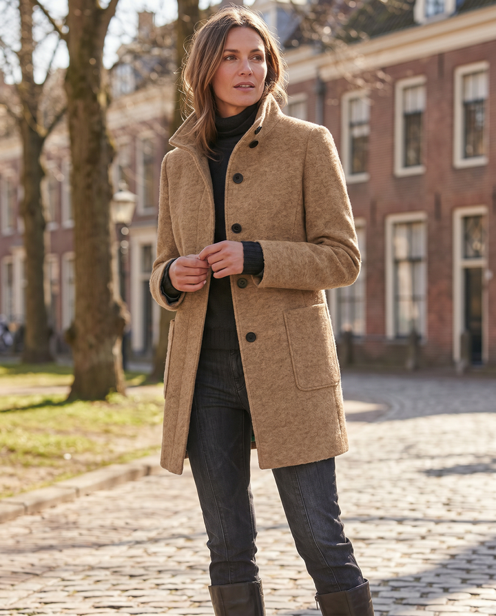 Women's Wool Blend Single-Breasted Coat with Stand Collar and Patch Pockets 3