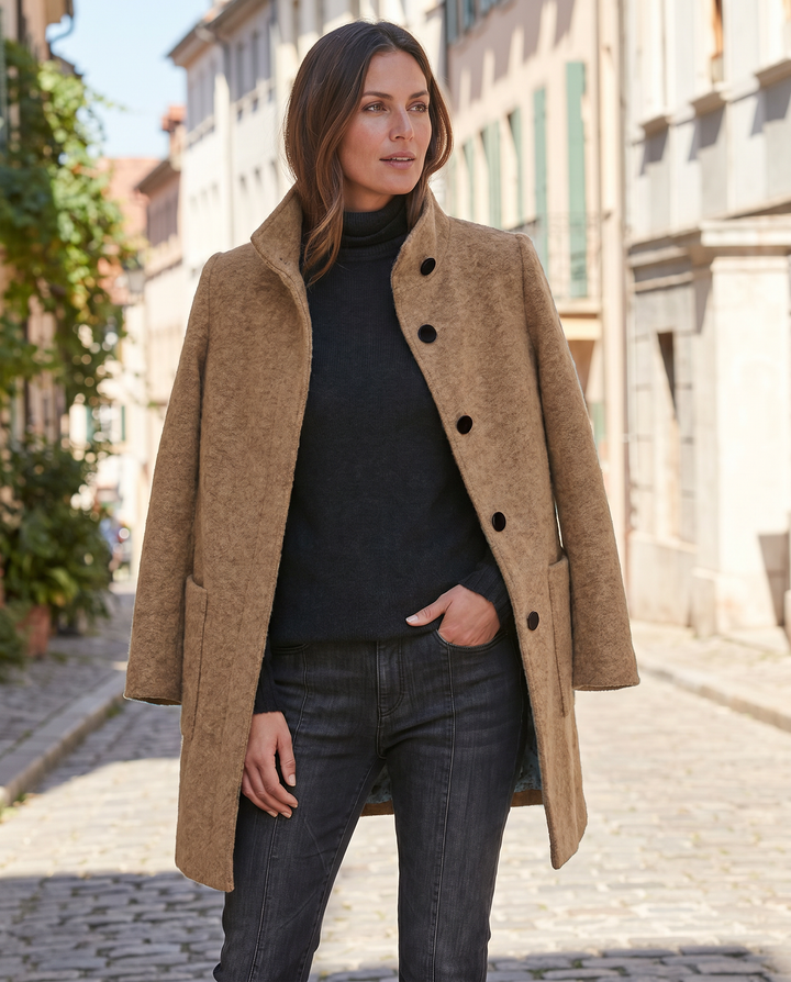 Women's Wool Blend Single-Breasted Coat with Stand Collar and Patch Pockets 4