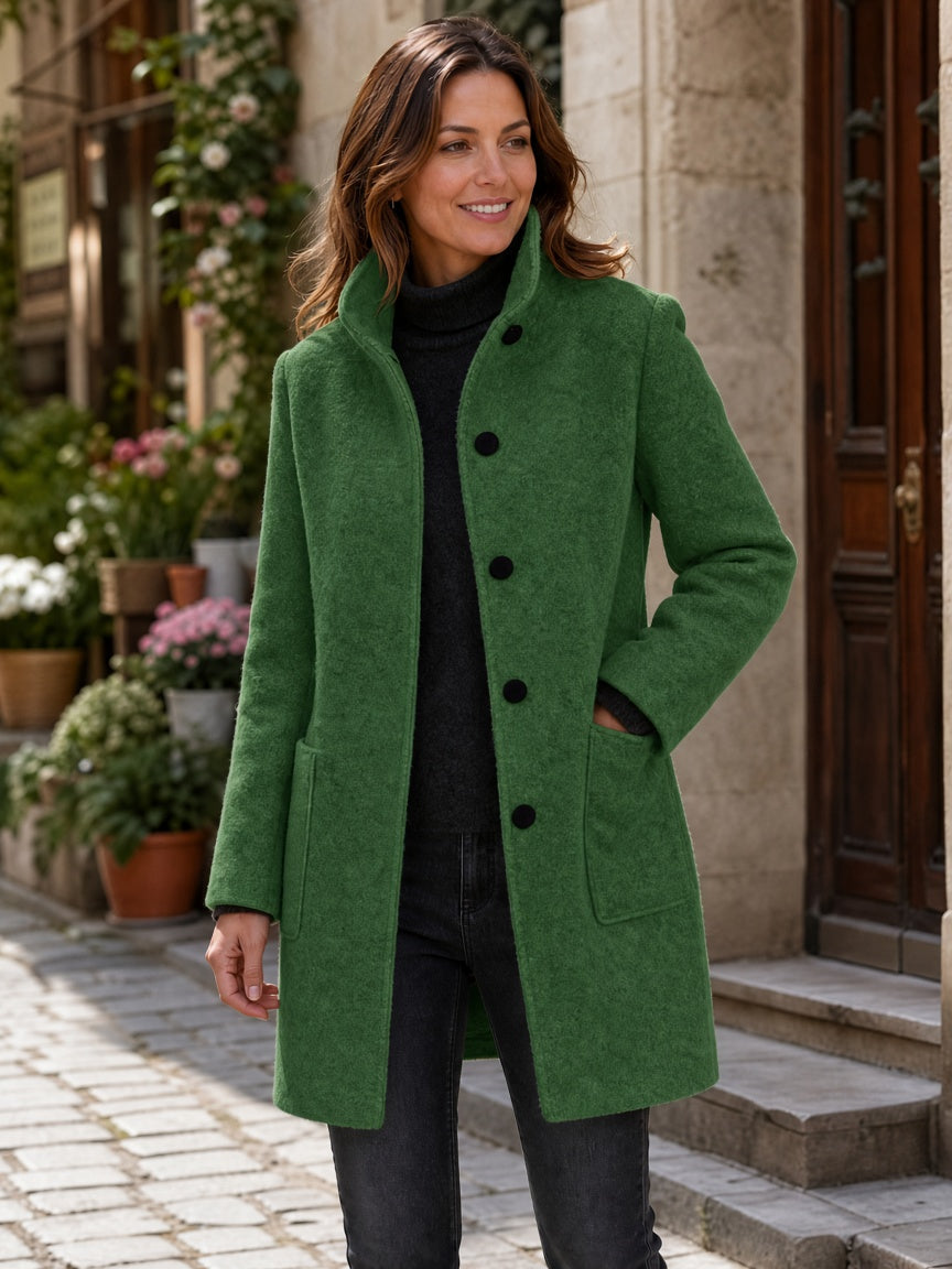 Women's Wool Blend Single-Breasted Coat with Stand Collar and Patch Pockets 21