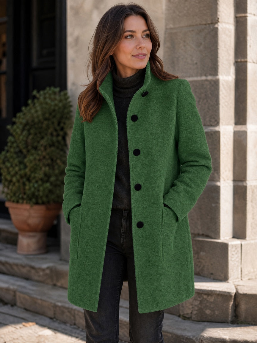 Women's Wool Blend Single-Breasted Coat with Stand Collar and Patch Pockets 22