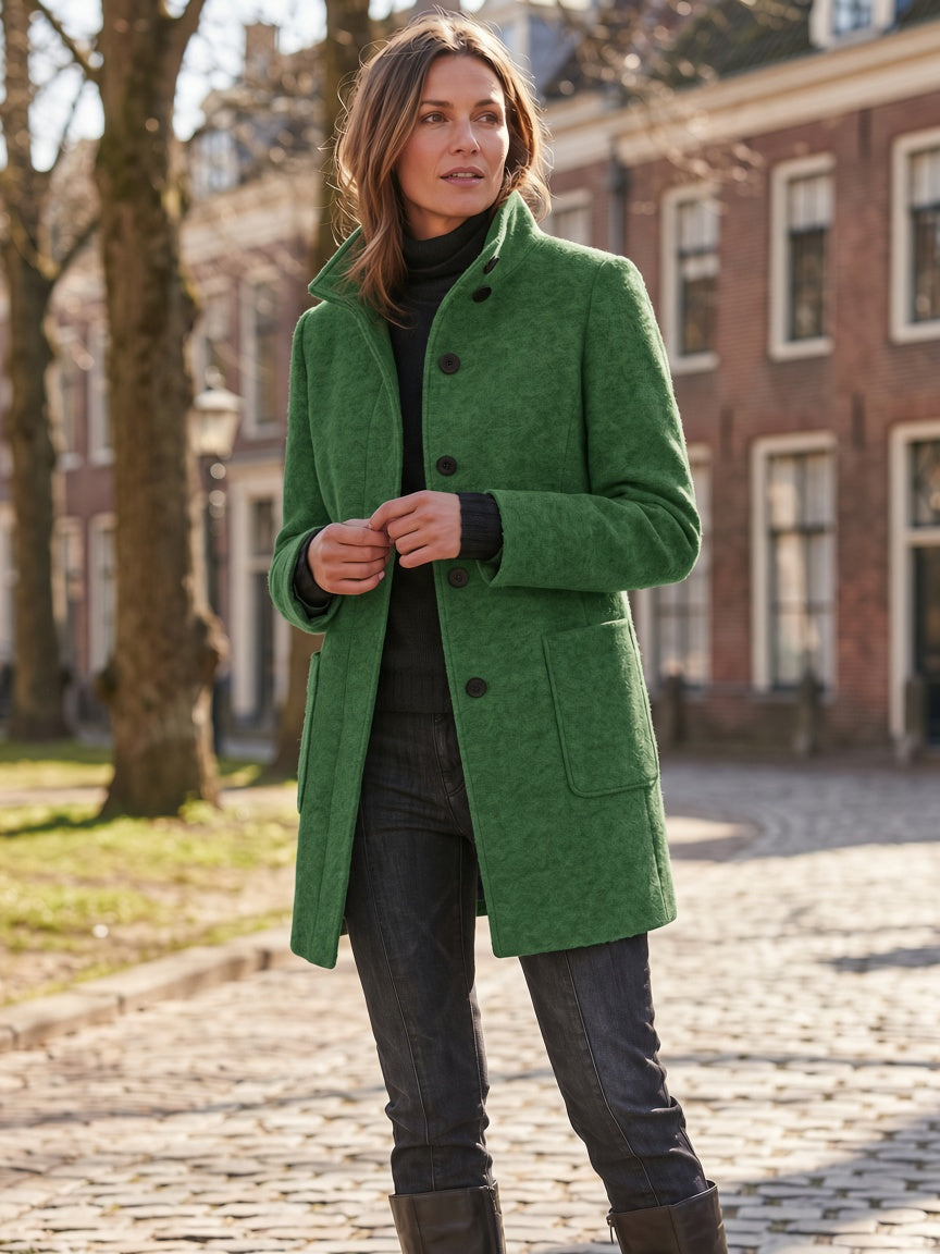Women's Wool Blend Single-Breasted Coat with Stand Collar and Patch Pockets 23