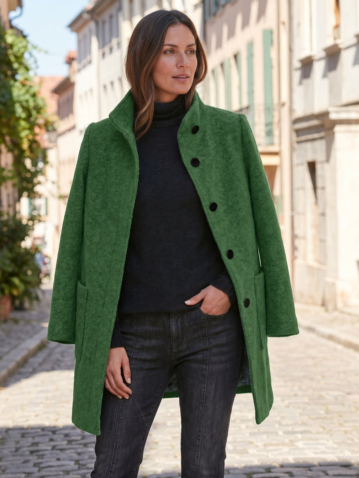 Women's Wool Blend Single-Breasted Coat with Stand Collar and Patch Pockets 24