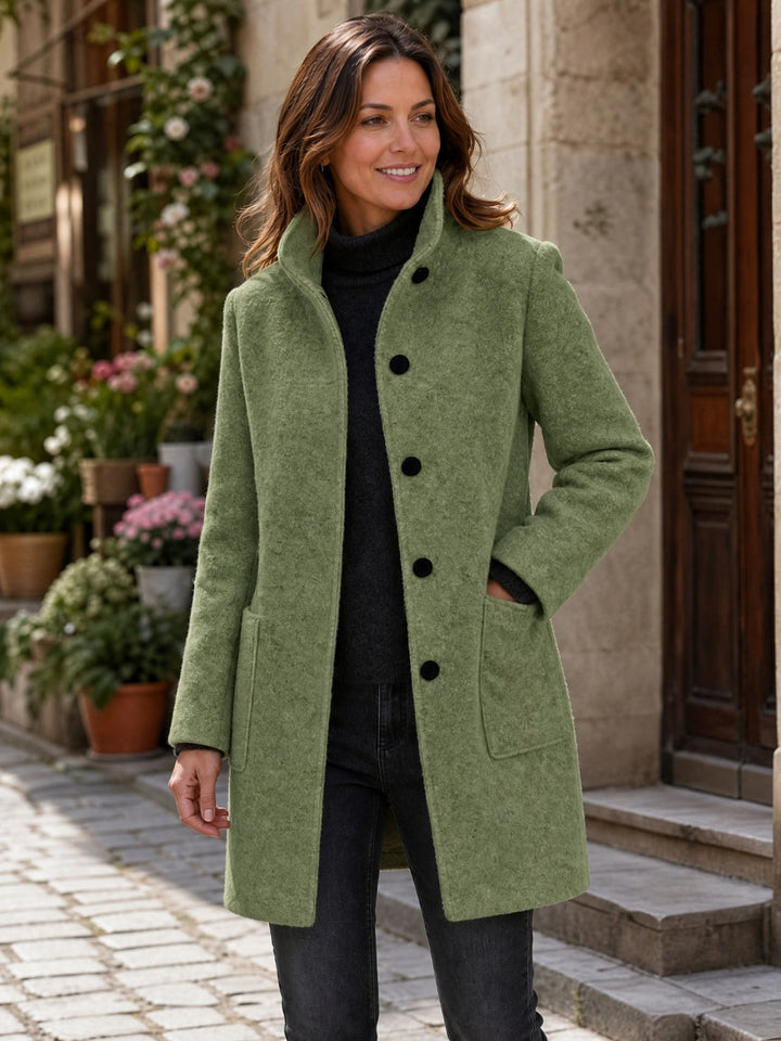 Women's Wool Blend Single-Breasted Coat with Stand Collar and Patch Pockets 29