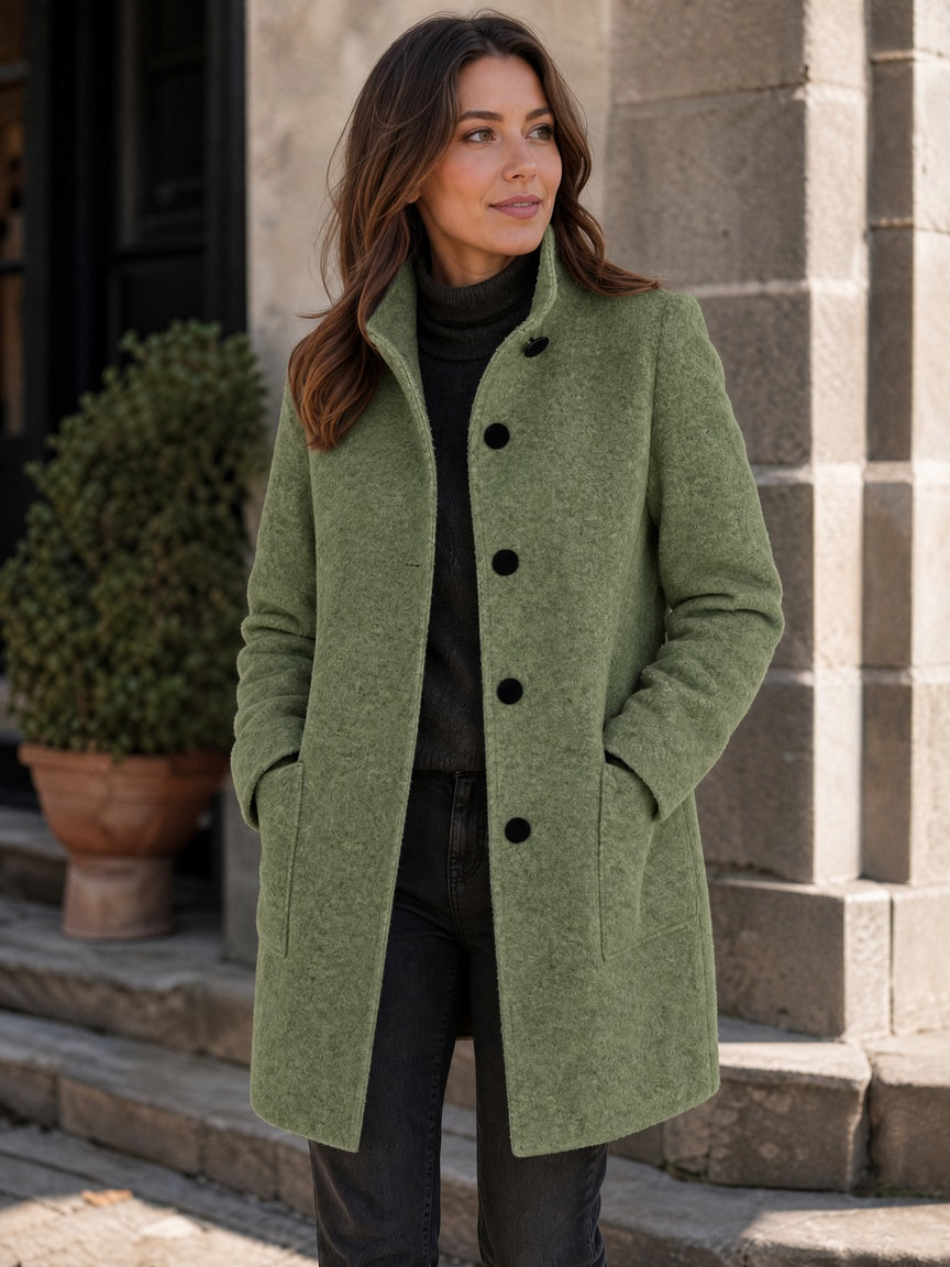 Women's Wool Blend Single-Breasted Coat with Stand Collar and Patch Pockets 30