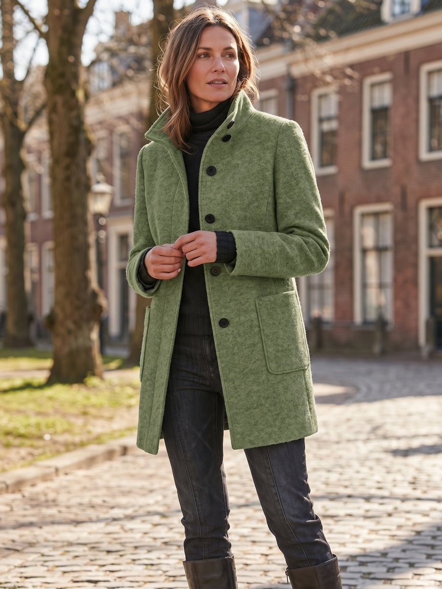 Women's Wool Blend Single-Breasted Coat with Stand Collar and Patch Pockets 31