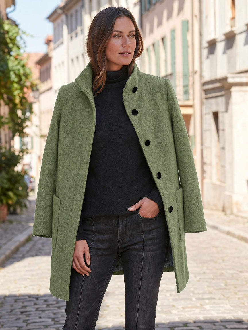 Women's Wool Blend Single-Breasted Coat with Stand Collar and Patch Pockets 32