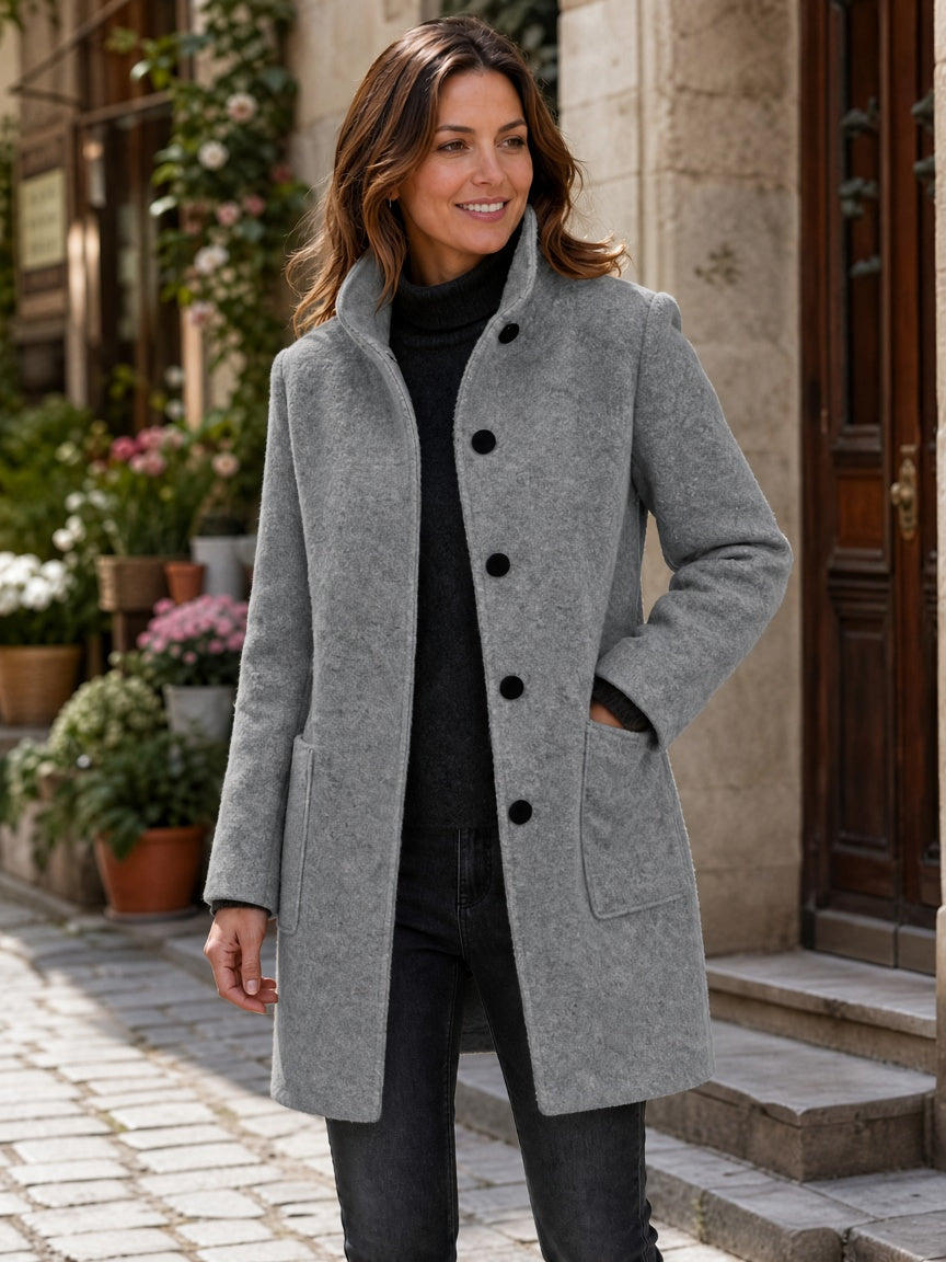 Women's Wool Blend Single-Breasted Coat with Stand Collar and Patch Pockets 13