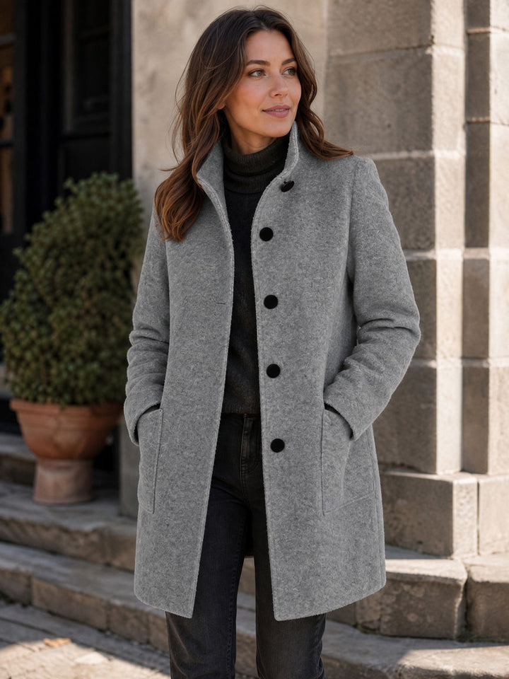 Women's Wool Blend Single-Breasted Coat with Stand Collar and Patch Pockets 14