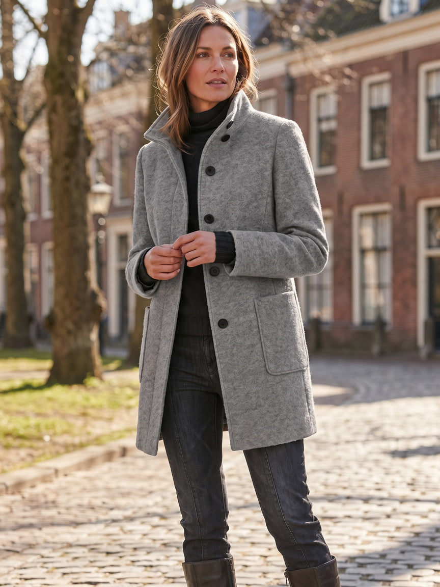 Women's Wool Blend Single-Breasted Coat with Stand Collar and Patch Pockets 15