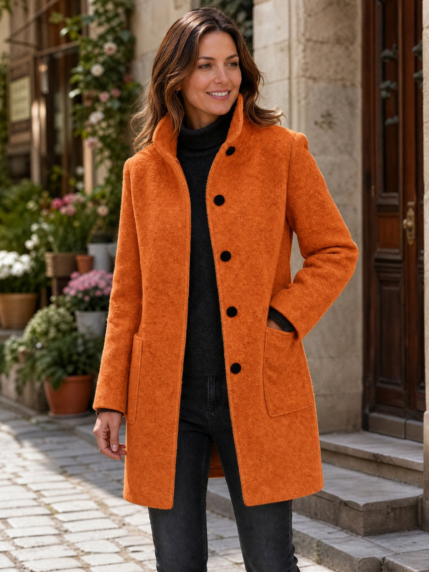 Women's Wool Blend Single-Breasted Coat with Stand Collar and Patch Pockets 37