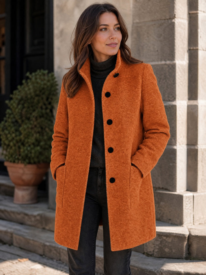 Women's Wool Blend Single-Breasted Coat with Stand Collar and Patch Pockets 38