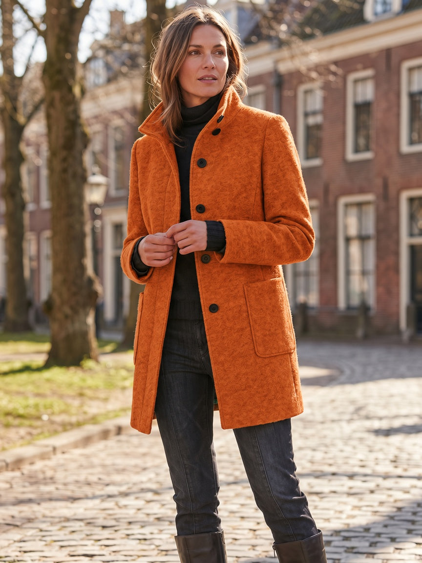 Women's Wool Blend Single-Breasted Coat with Stand Collar and Patch Pockets 39