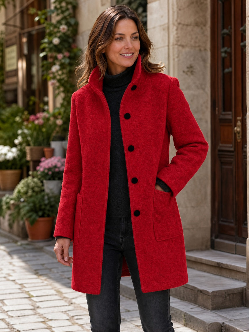 Women's Wool Blend Single-Breasted Coat with Stand Collar and Patch Pockets 17