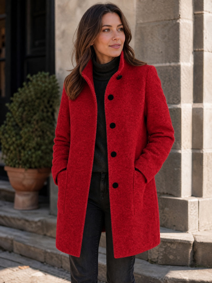 Women's Wool Blend Single-Breasted Coat with Stand Collar and Patch Pockets 18
