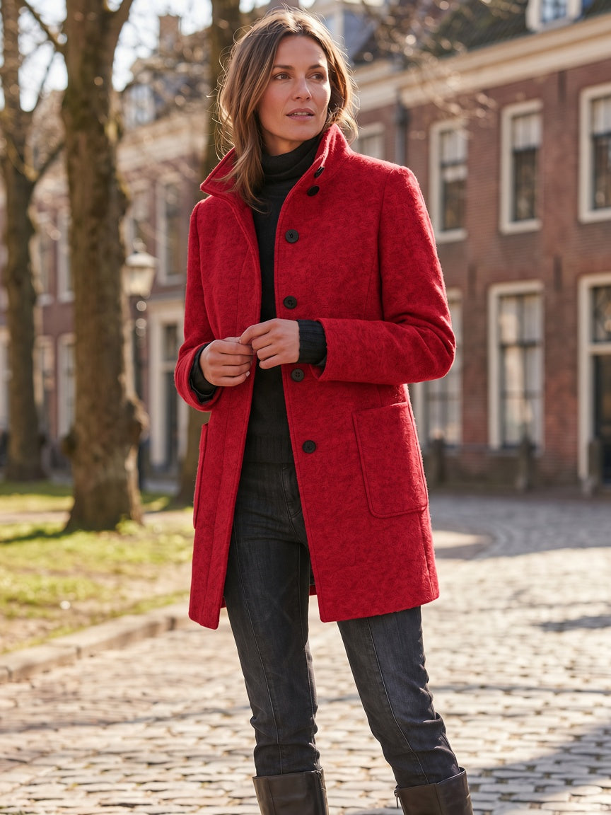 Women's Wool Blend Single-Breasted Coat with Stand Collar and Patch Pockets 19