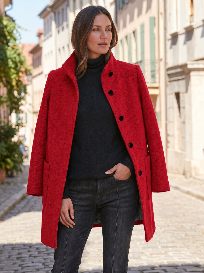 Women's Wool Blend Single-Breasted Coat with Stand Collar and Patch Pockets 20