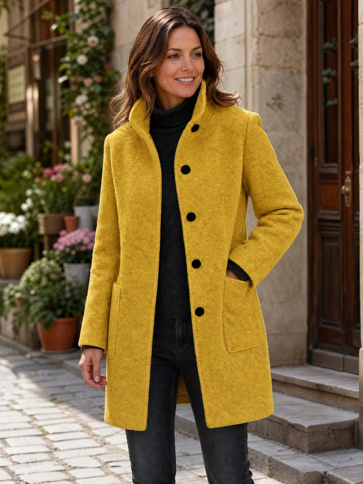 Women's Wool Blend Single-Breasted Coat with Stand Collar and Patch Pockets 33