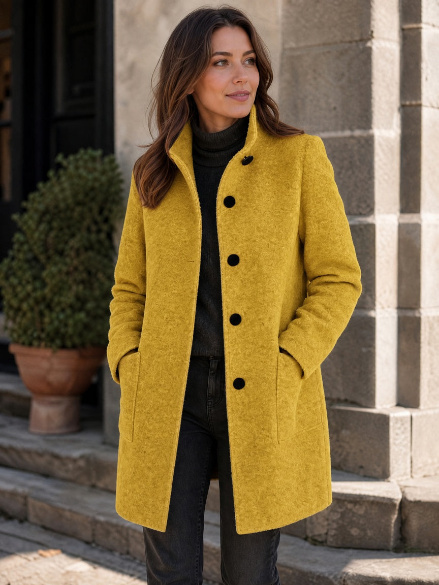 Women's Wool Blend Single-Breasted Coat with Stand Collar and Patch Pockets 34