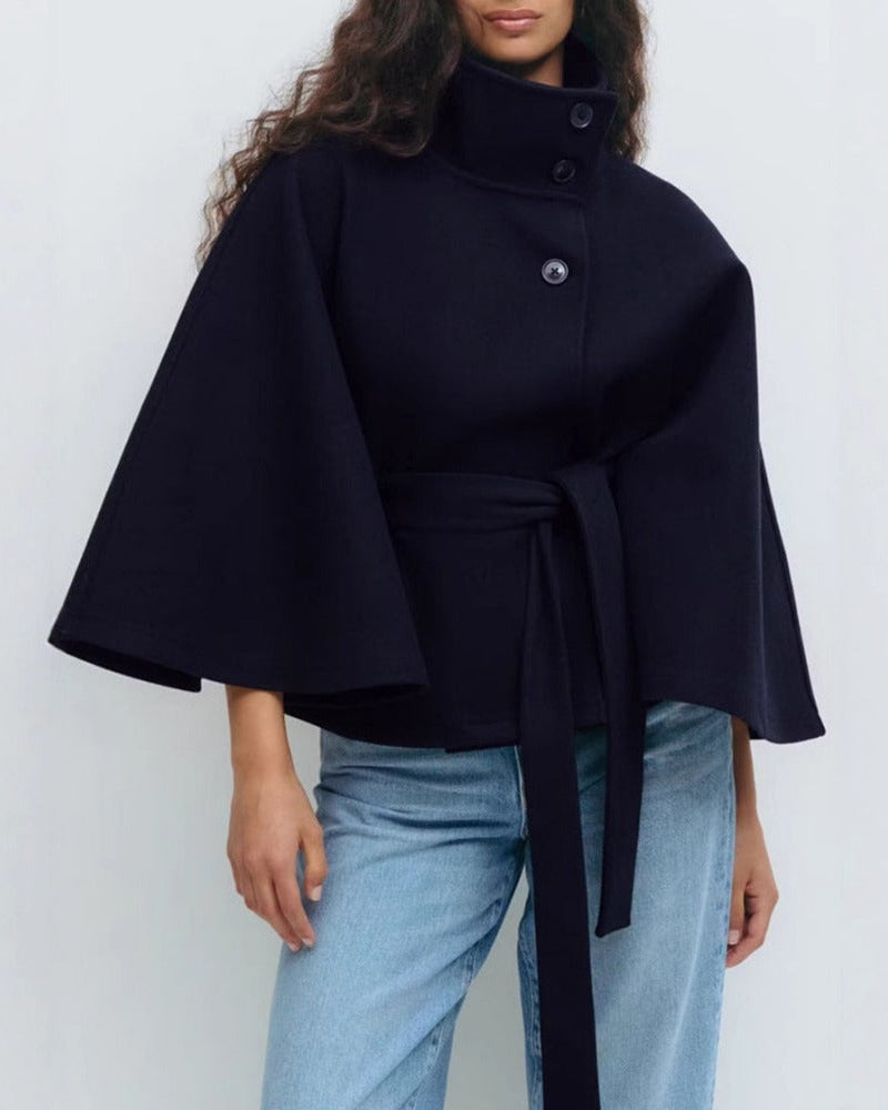 Women's Wool Blend Belted Cape Coat with High Collar and Button Front 11