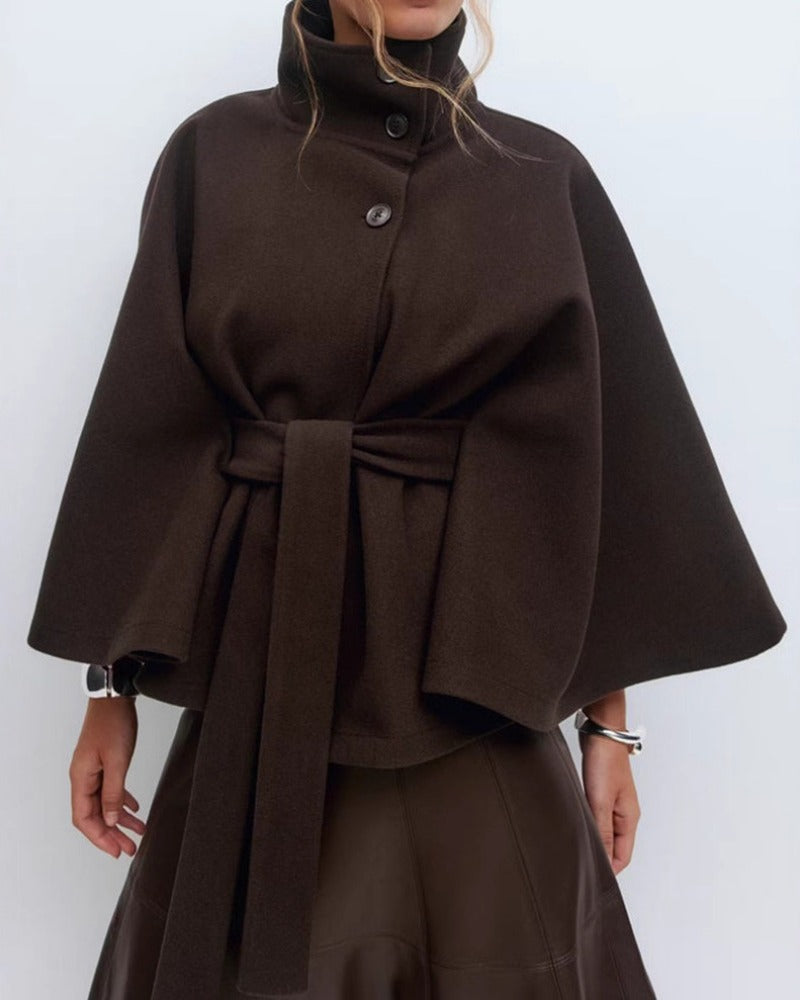 Women's Wool Blend Belted Cape Coat with High Collar and Button Front 8