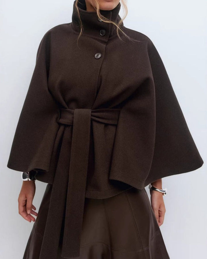 Women's Wool Blend Belted Cape Coat with High Collar and Button Front 8