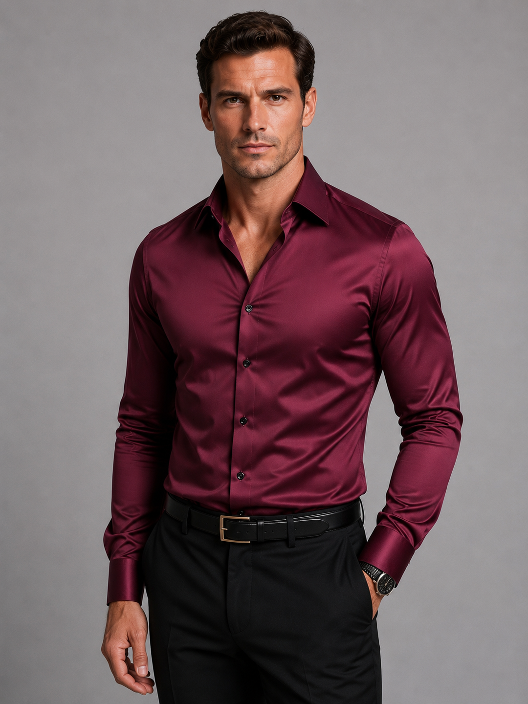 Men's Slim Fit Satin-Look Stretch Dress Shirt, Long Sleeve 4