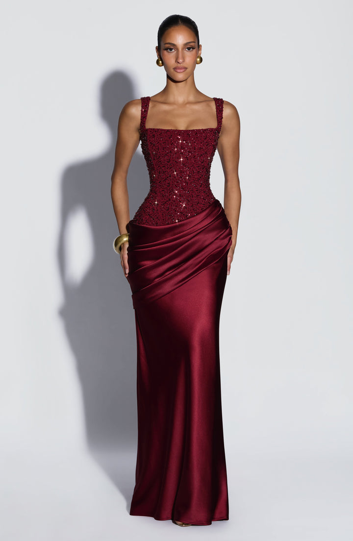 Women's Embellished Satin Maxi Dress with Corset Lace-Up Back 1