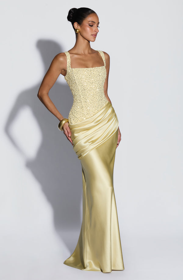 Women's Embellished Satin Maxi Dress with Corset Lace-Up Back 11