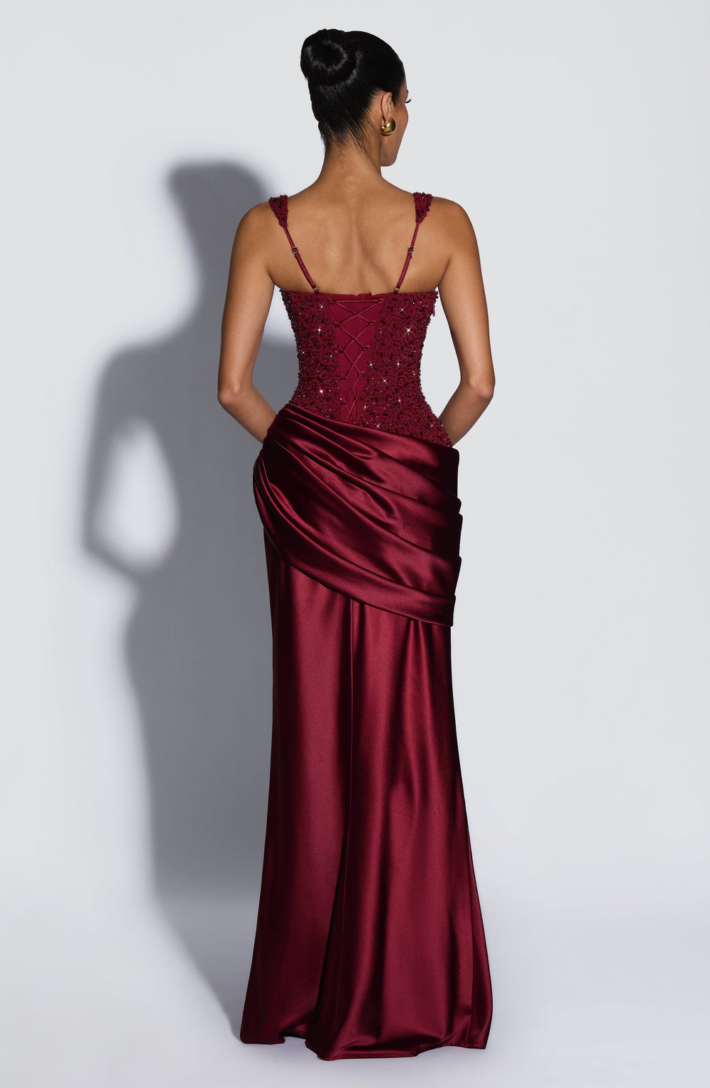 Women's Embellished Satin Maxi Dress with Corset Lace-Up Back 2