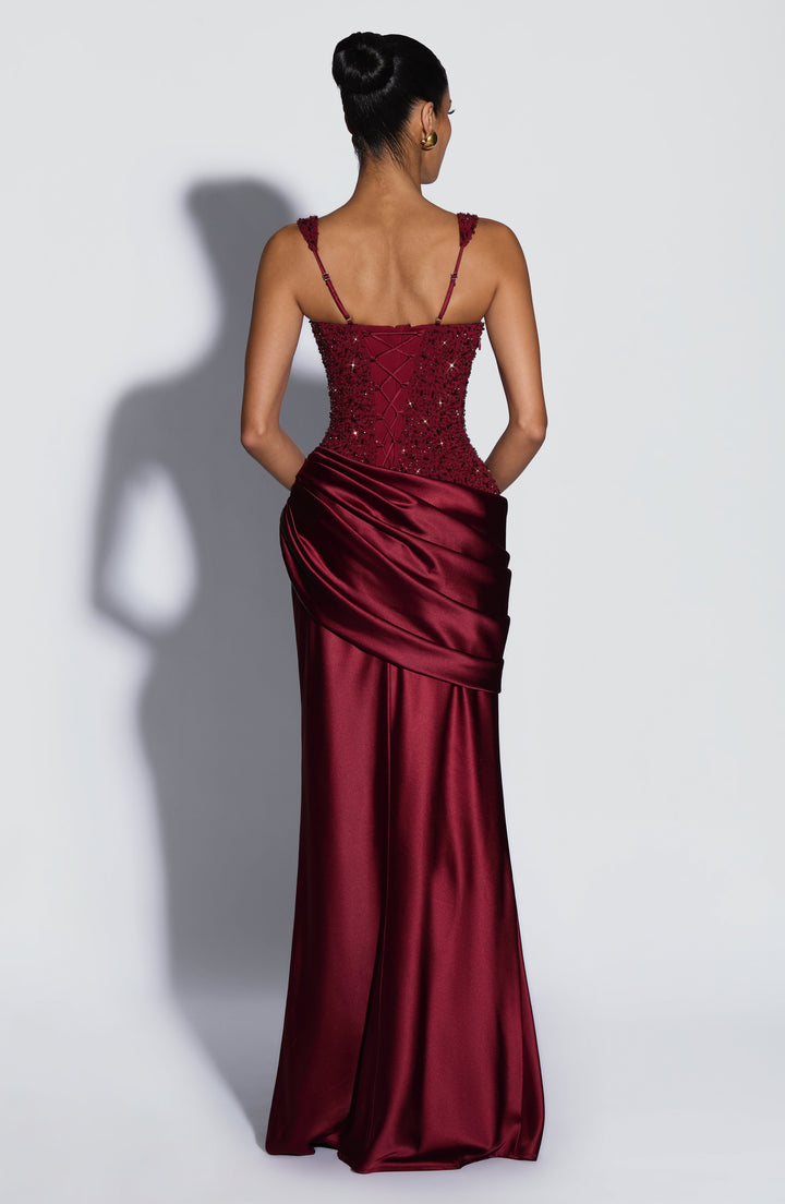 Women's Embellished Satin Maxi Dress with Corset Lace-Up Back 2