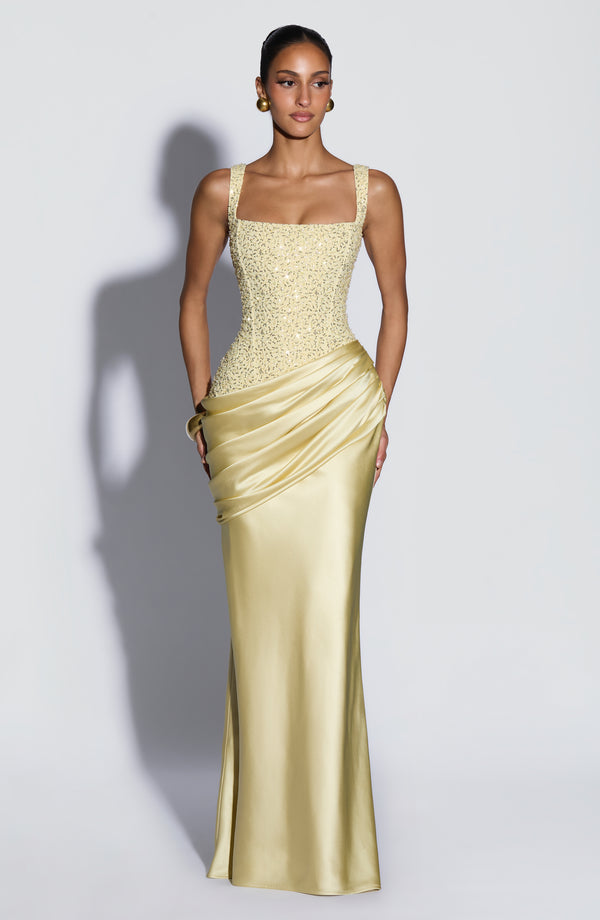 Women's Embellished Satin Maxi Dress with Corset Lace-Up Back 3