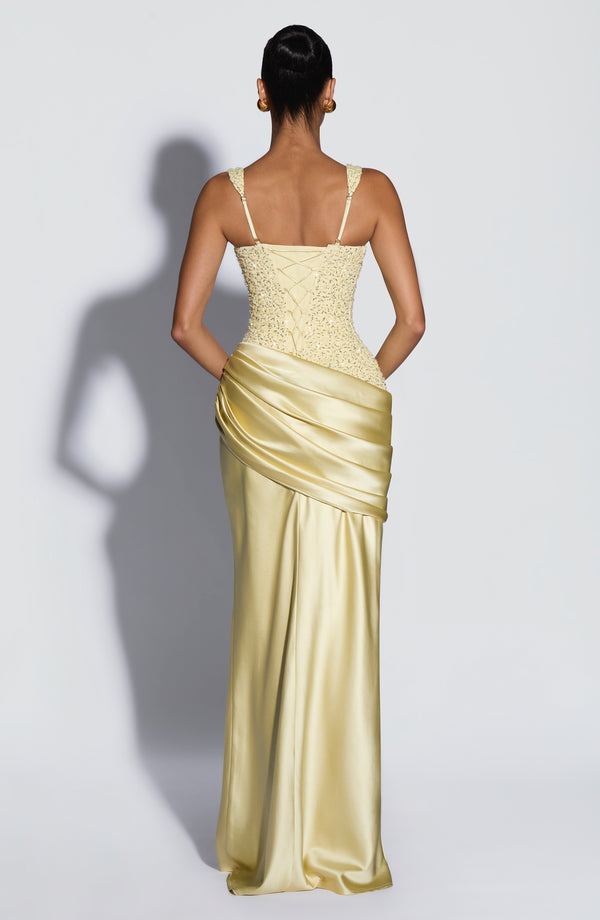 Women's Embellished Satin Maxi Dress with Corset Lace-Up Back 4
