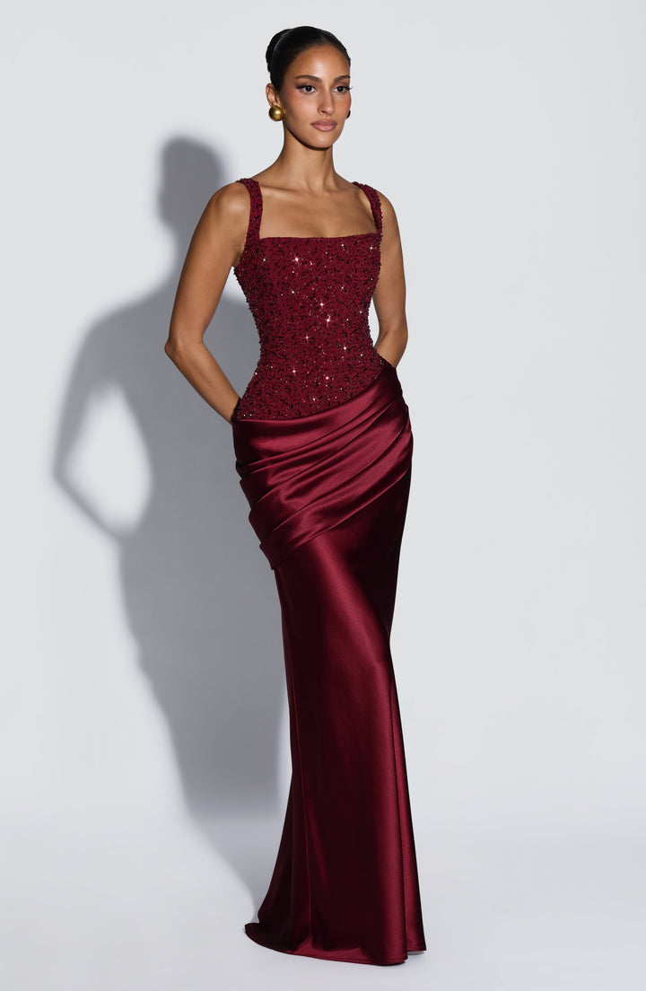 Women's Embellished Satin Maxi Dress with Corset Lace-Up Back 5
