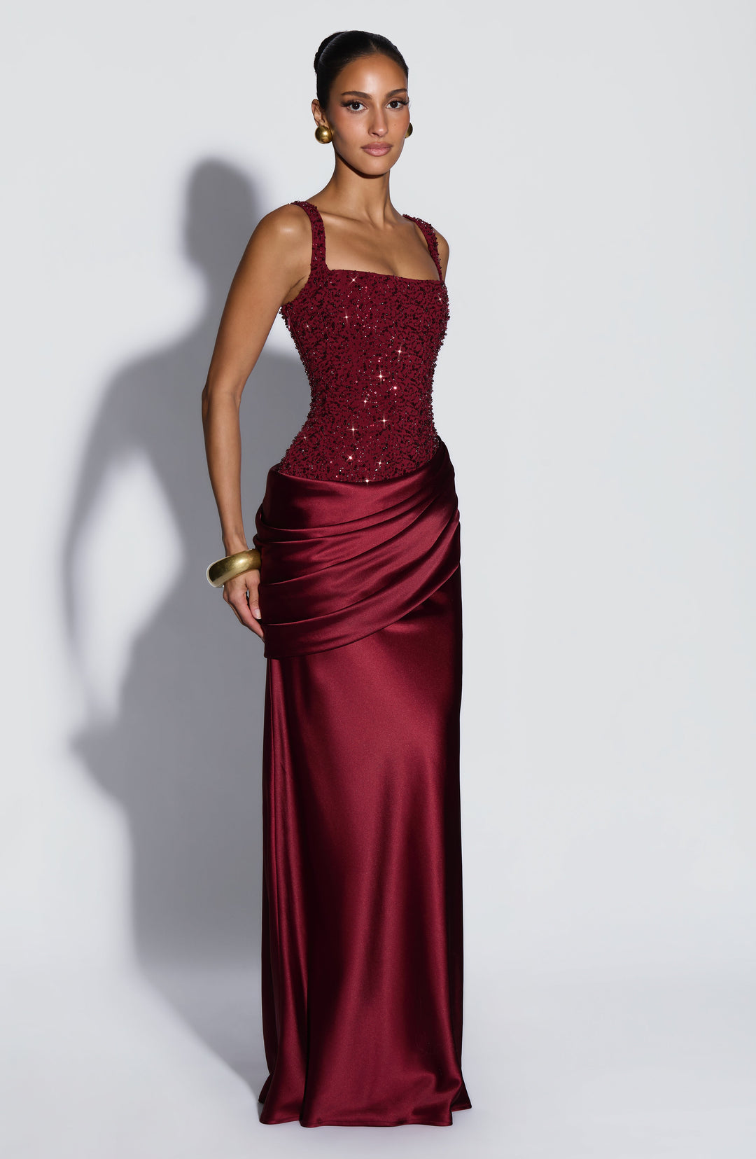 Women's Embellished Satin Maxi Dress with Corset Lace-Up Back 6