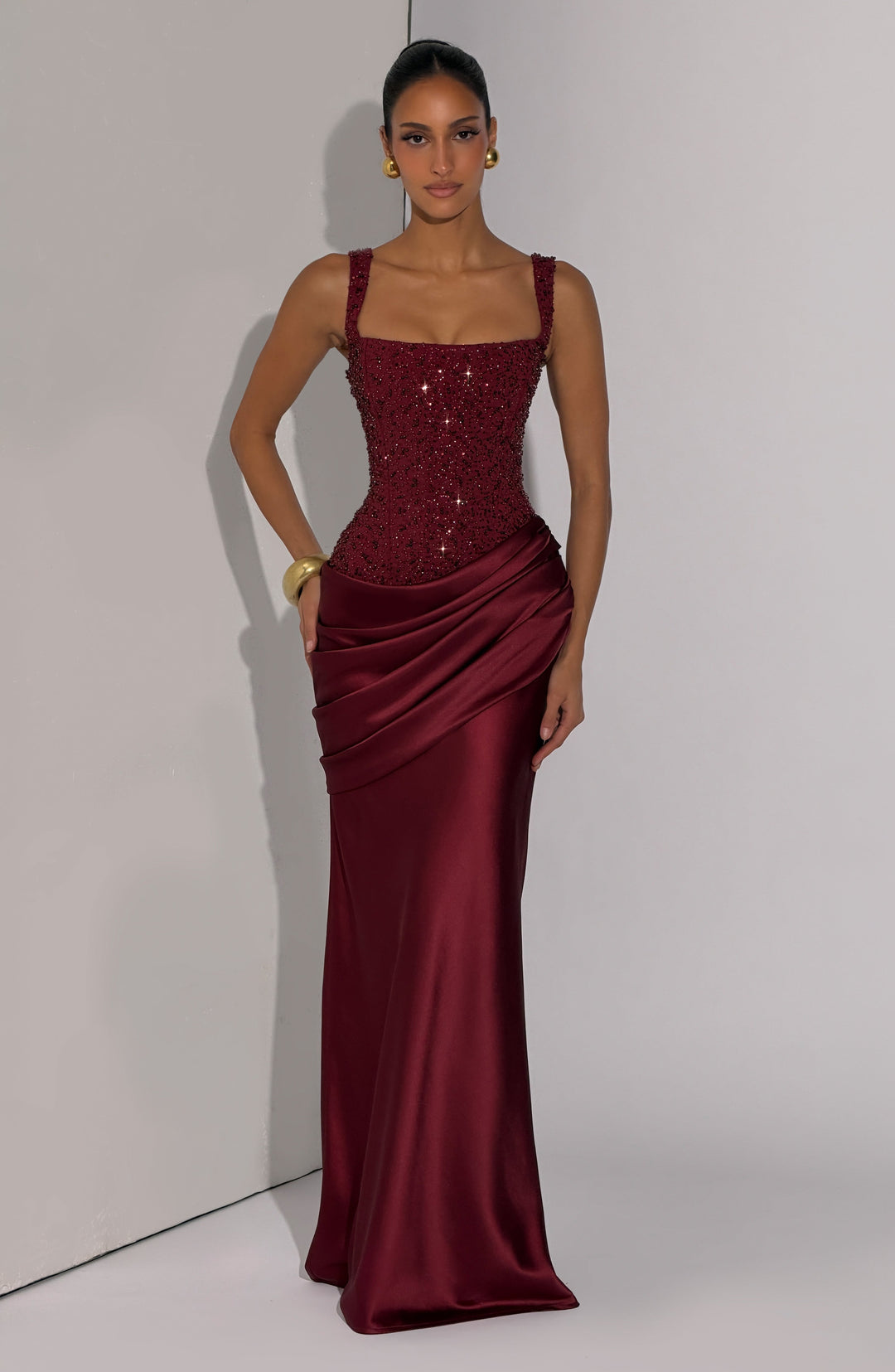 Women's Embellished Satin Maxi Dress with Corset Lace-Up Back 9