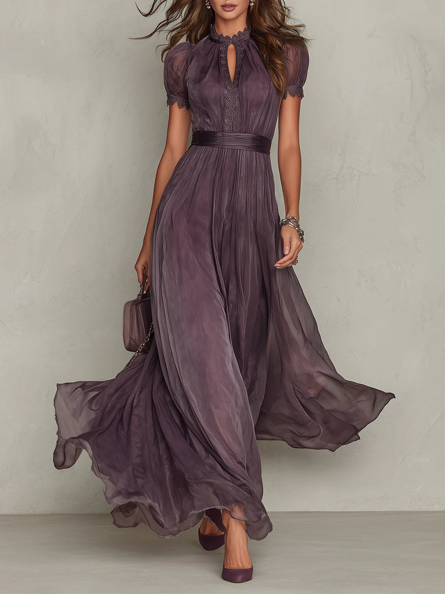 Women's Maxi Dress with Lace Trim and Gathered Waist for Occasions 1