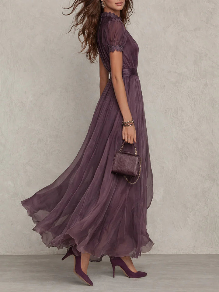 Women's Maxi Dress with Lace Trim and Gathered Waist for Occasions 2