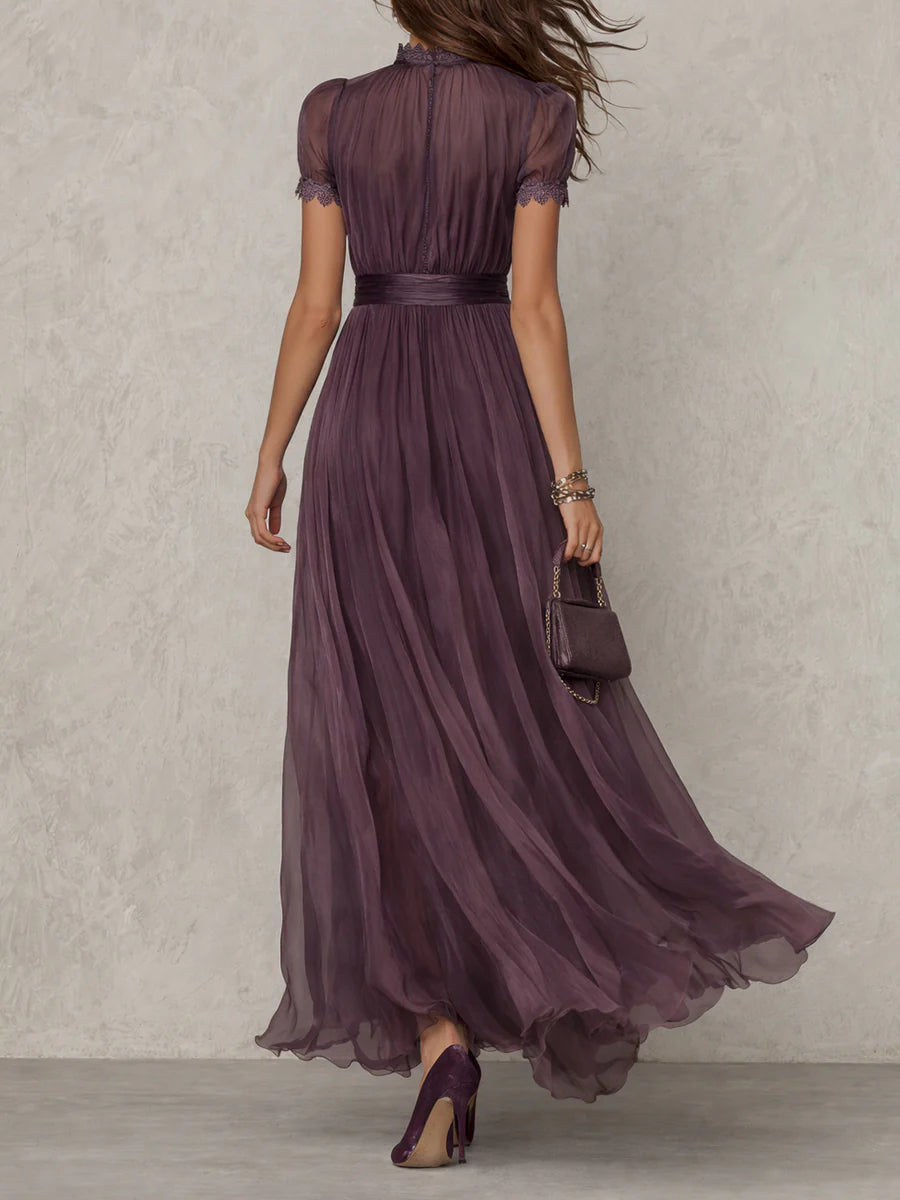 Women's Maxi Dress with Lace Trim and Gathered Waist for Occasions 3