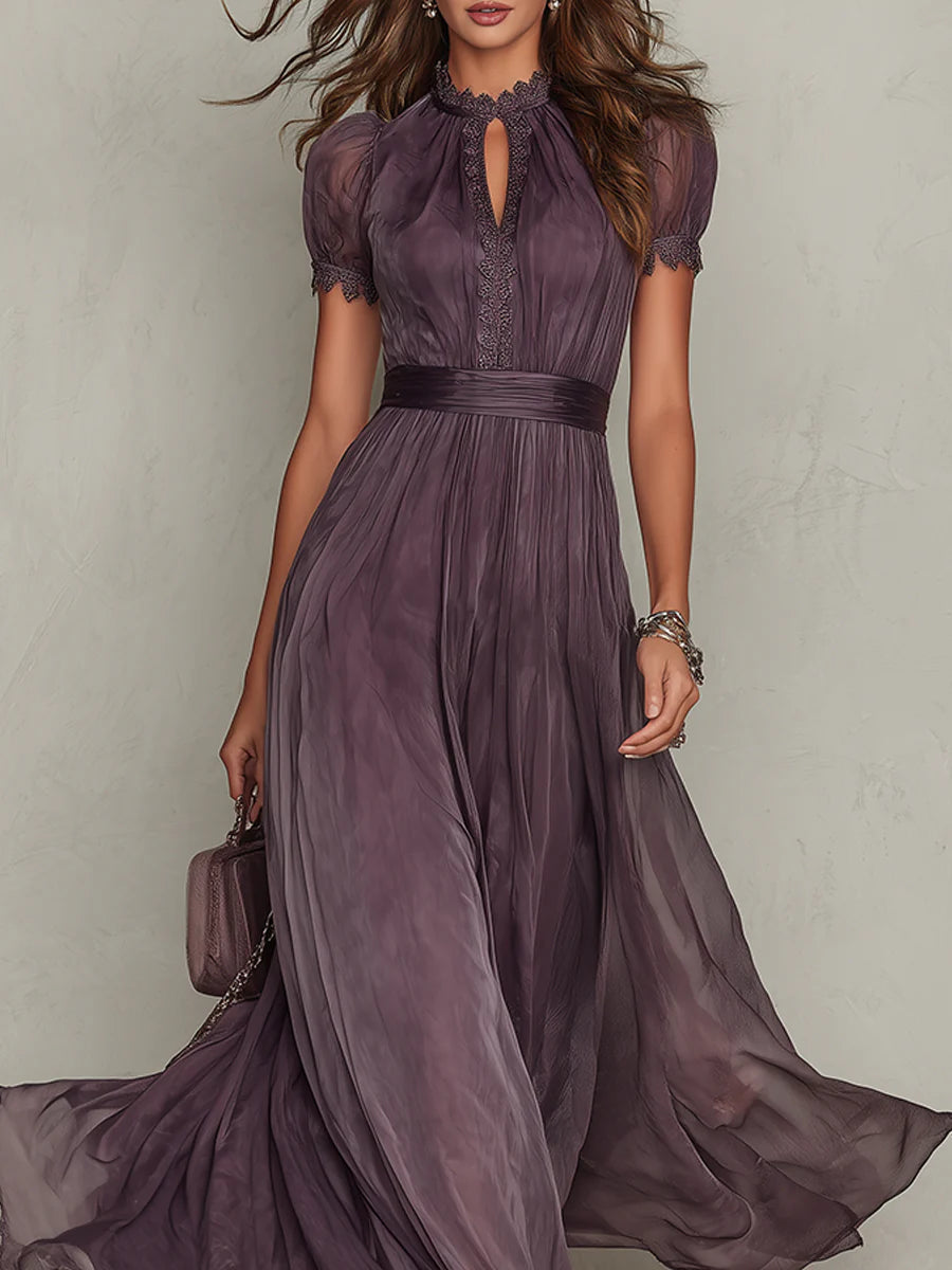 Women's Maxi Dress with Lace Trim and Gathered Waist for Occasions 4